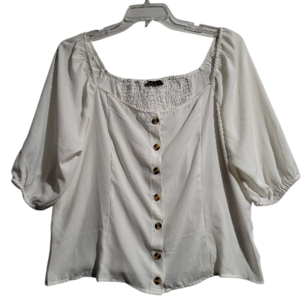 Women's Ivory Button XXL Top Shirred Back Cropped Peasant Fairy Vanilla Girl